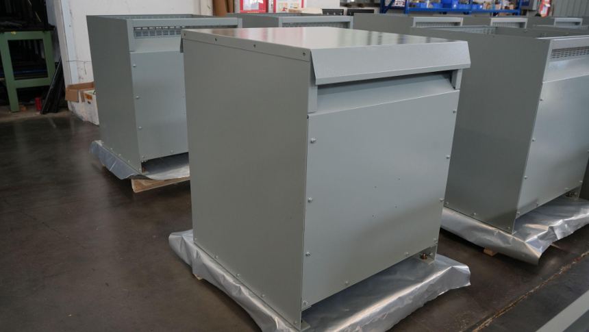 75 kVA dry-type transformer secured on shipping pallet